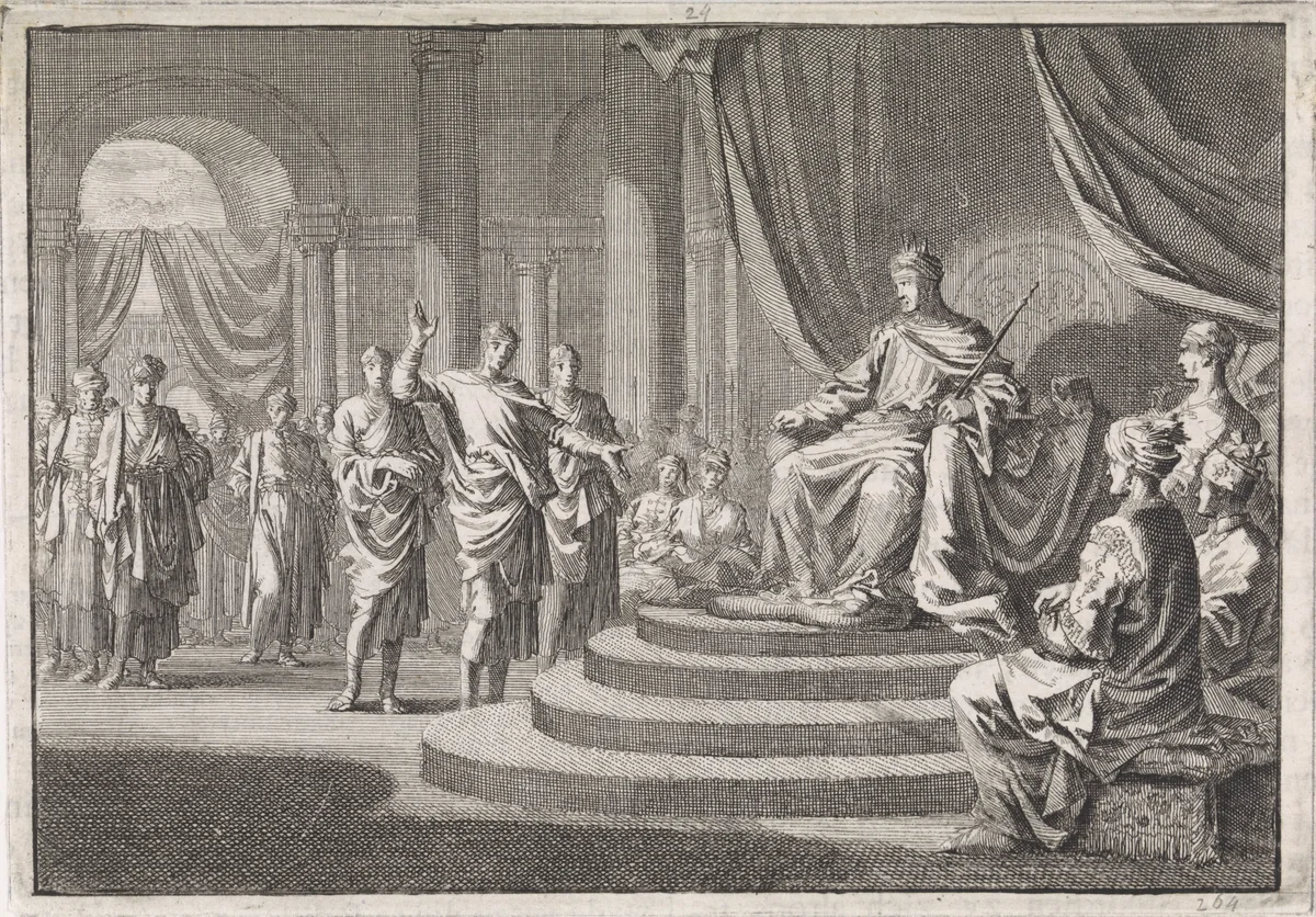 Zerubbabel voor koning Darius by Jan Luyken, print, 1704