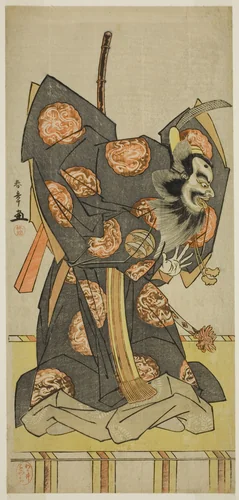 The Actor Nakajima Mihoemon II as Shujaku Tenno in the Play Masakado Kammuri no Hatsuyuki, Performed at the Nakamura Theater in the Eleventh Month, 1777 by Katsukawa Shunsho (勝川 春章), print, 1772-1782