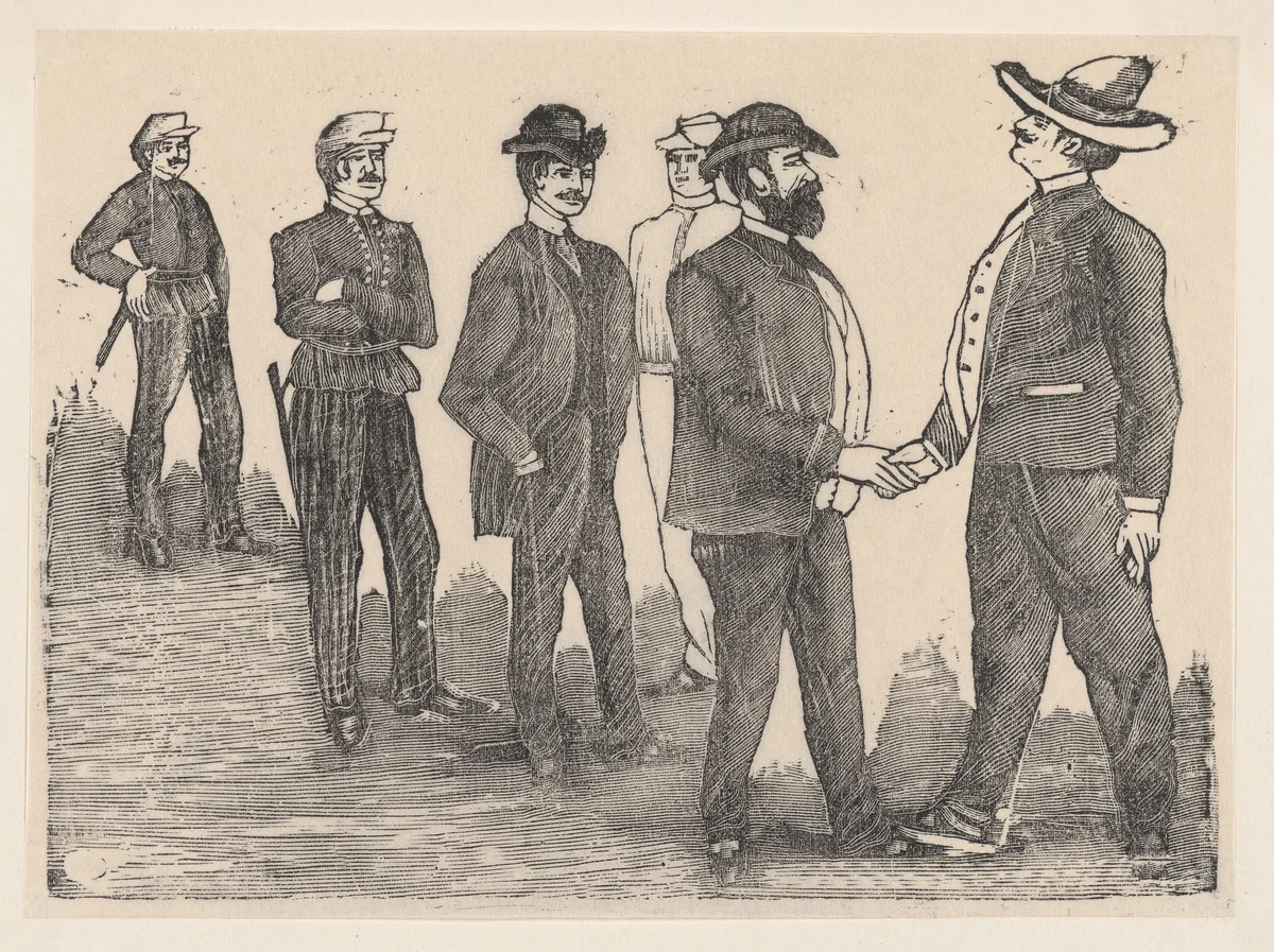 Two men shaking hands in the foreground and officers watching them in the background by José Guadalupe Posada, print, 1875-1885