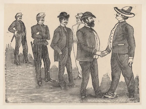 Two men shaking hands in the foreground and officers watching them in the background by José Guadalupe Posada, print, 1875-1885