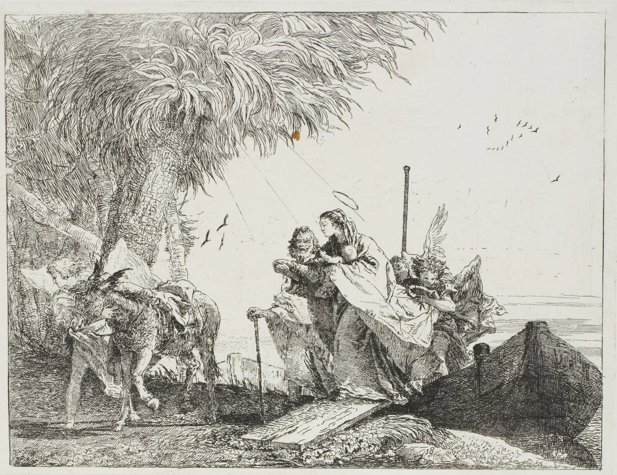 Mary, Helped by Joseph and an Angel, Stepping Out of the Boat, plate eighteen from The Flight into Egypt by Giovanni Domenico Tiepolo, print, 1753