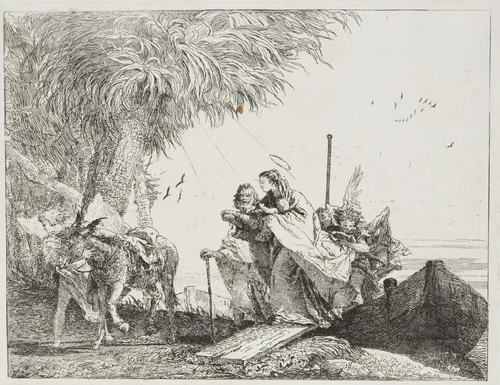 Mary, Helped by Joseph and an Angel, Stepping Out of the Boat, plate eighteen from The Flight into Egypt by Giovanni Domenico Tiepolo, print, 1753