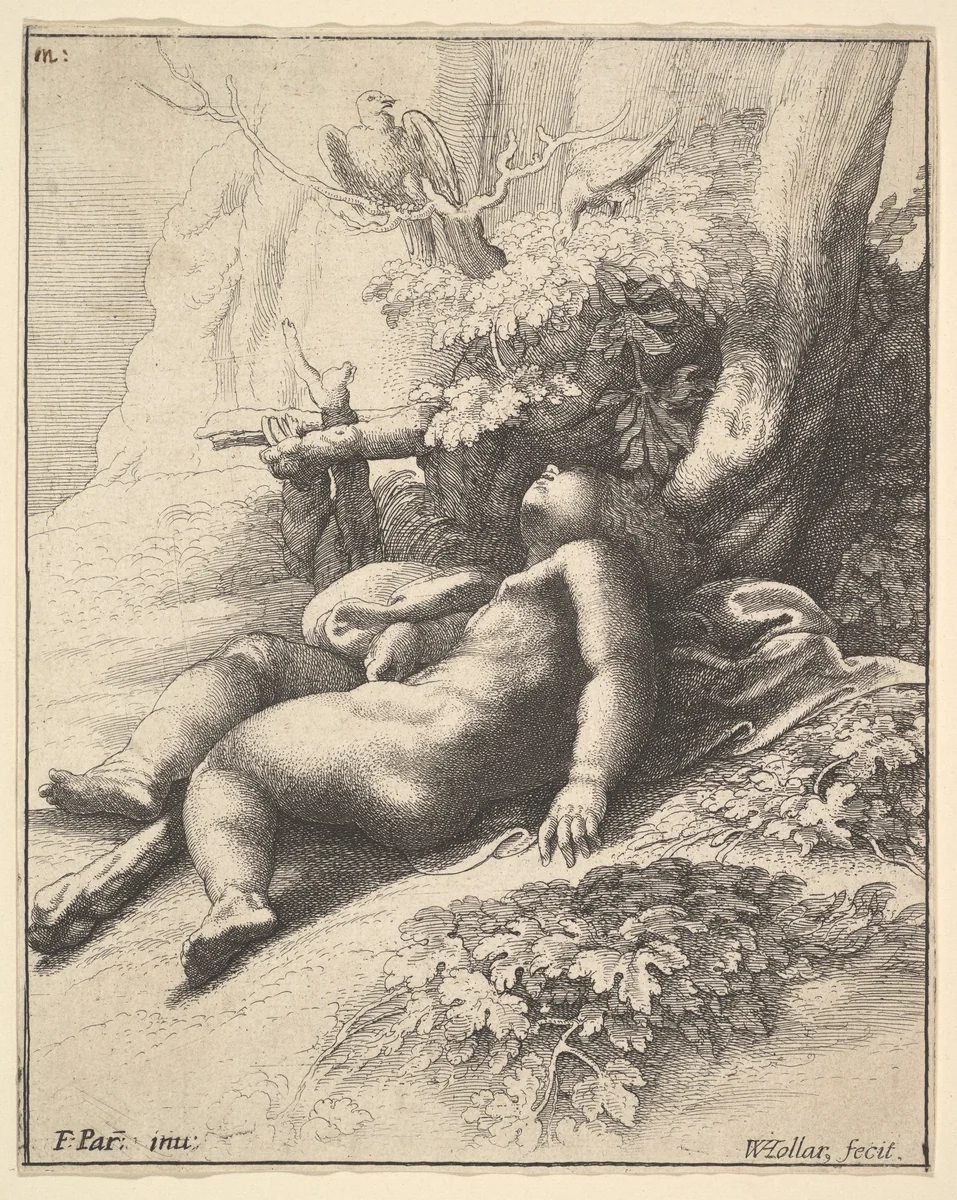 Infant Hercules asleep by Wenceslaus Hollar, print, 1634-1644