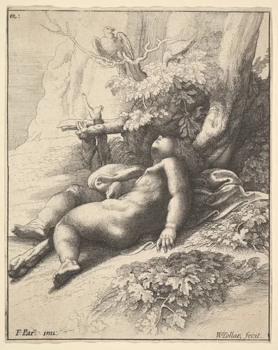 Infant Hercules asleep by Wenceslaus Hollar, print, 1634-1644