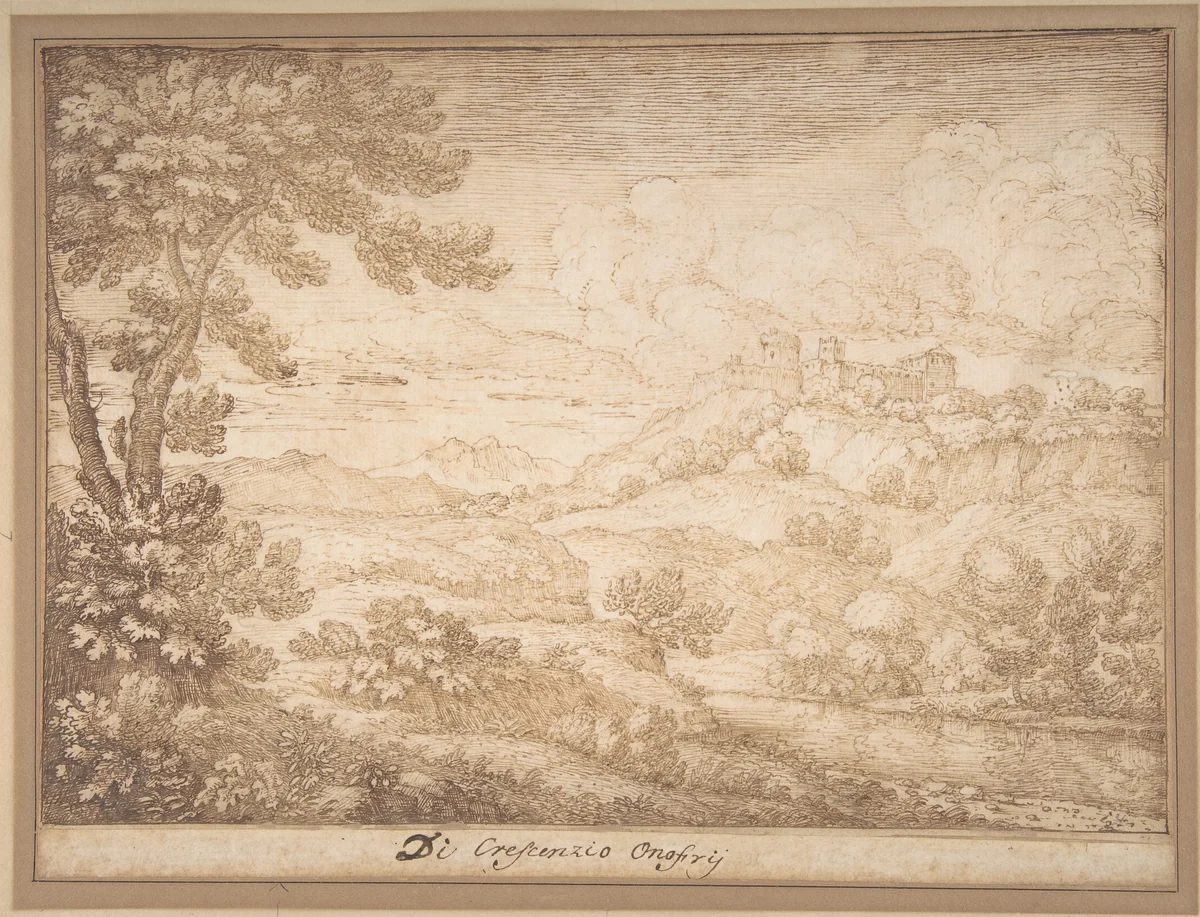 Landscape with a Castle on a Hill by Crescenzio Onofri, drawing, 1632-1712