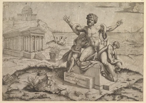 Ancient bas-reliefs with Laocoon, from "Speculum Romanae Magnificentiae" by Marco Dente, print, 1511-1525