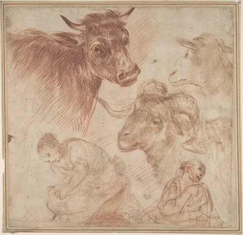 Studies of Animal Heads and Figures by anonymous, drawing, 1600-1700