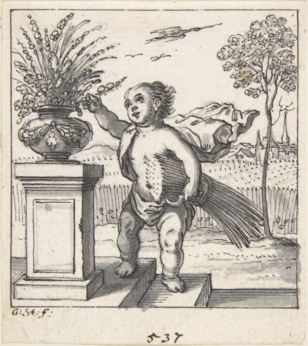 Design for an Emblem with a Child Picking Flowers by Georg Strauch, drawing, 1633-1675