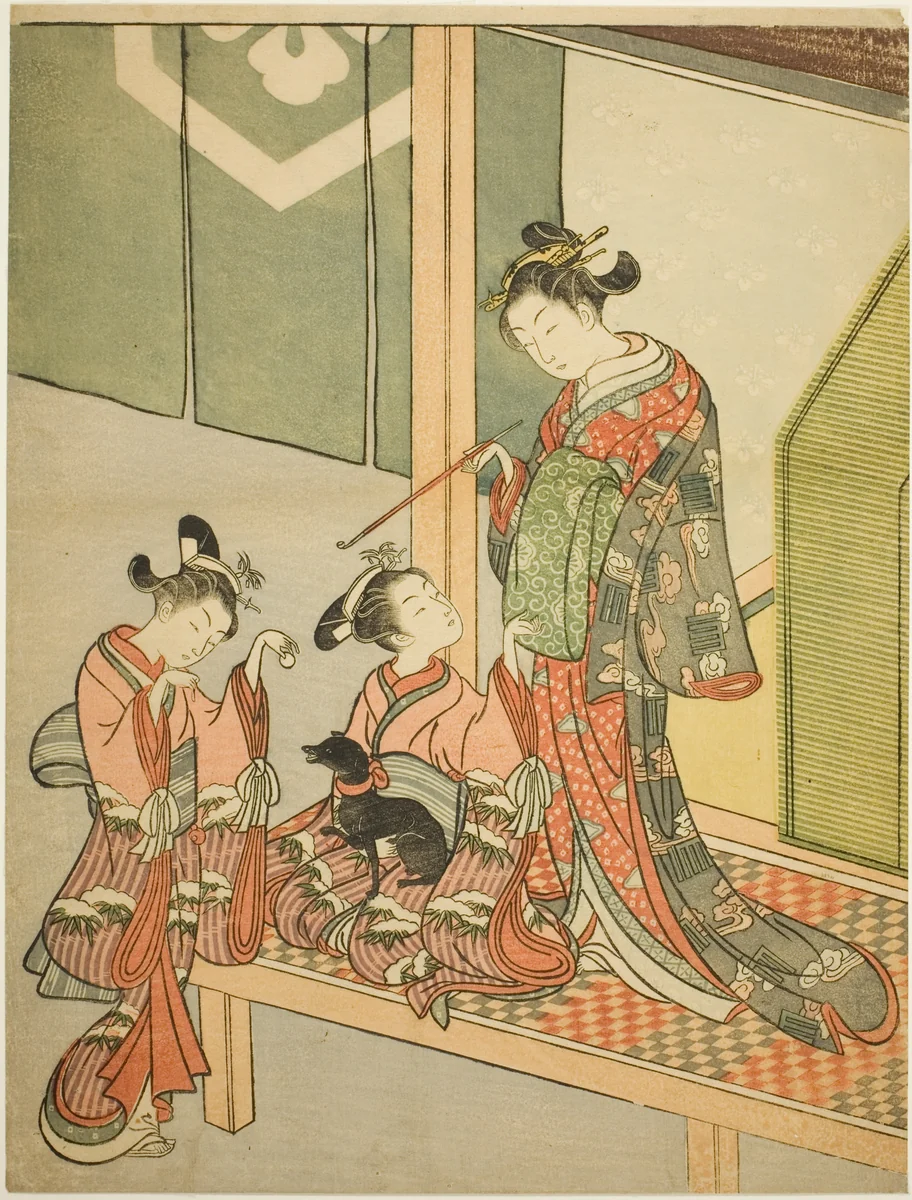 Courtesan and Two Attendants Playing with a Dog by Suzuki Harunobu (鈴木春信), print, 1761-1770
