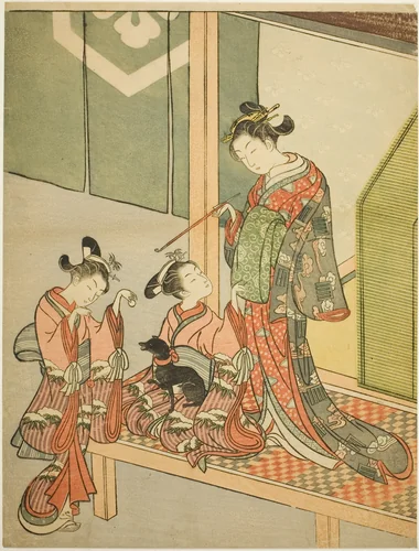 Courtesan and Two Attendants Playing with a Dog by Suzuki Harunobu (鈴木春信), print, 1761-1770