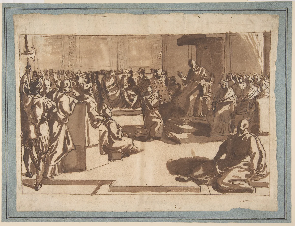 An Ecclesiastic (Pope?) Blessing a Book before the Sacred College by Cesare Nebbia, drawing, 1580-1590