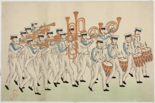 Procession of Russian Marching Band, from the Album of seven prints of Russian Army and Warship (Roshia seigi shashin kan) by Kawahara Keiga, print, 1853