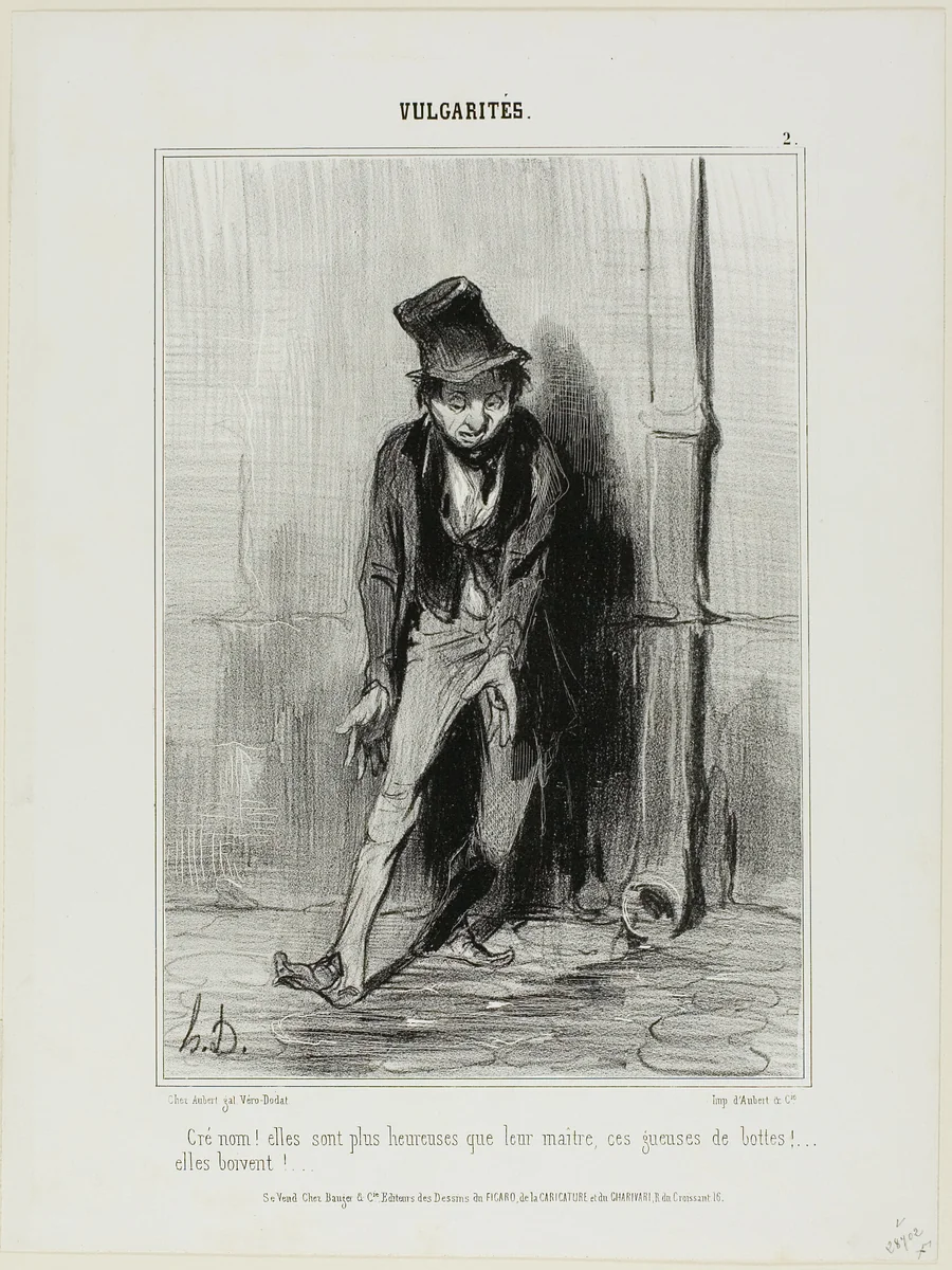 “Damn! They are happier than their master.... these bitches of boots... they drink!,” plate 2 from Vulgarités by Honoré-Victorin Daumier, print, 1841