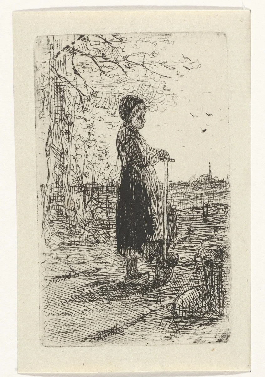 Meisje leunend op een schop by Jozef Israëls, print, 1835-1911