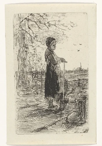 Meisje leunend op een schop by Jozef Israëls, print, 1835-1911