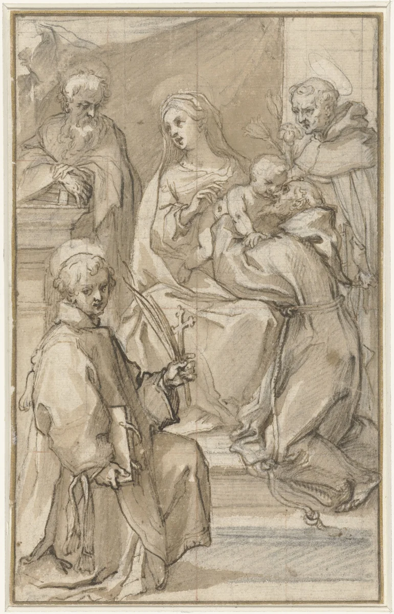 Ontwerp voor een altaarstuk met de Heilige Familie en Heiligen by Francesco Vanni, drawing, 1590-1595