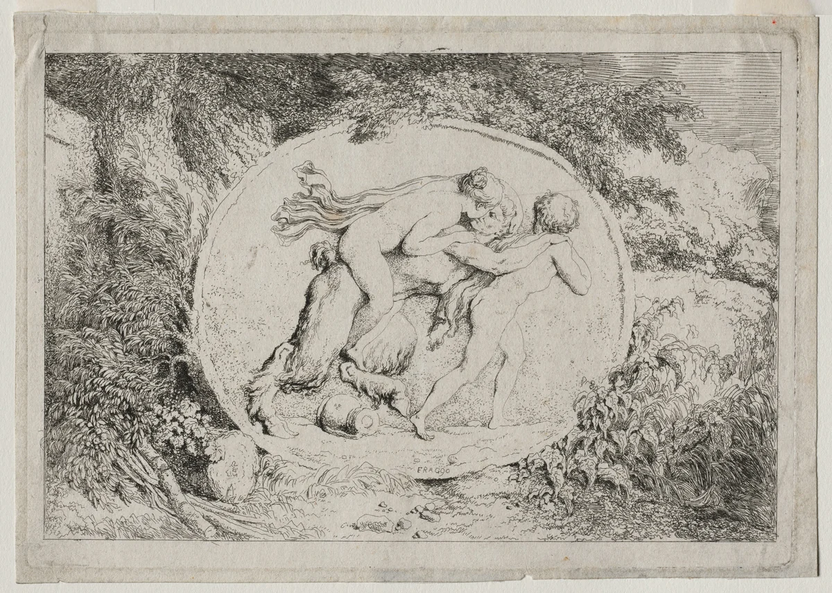 Bacchanales: Nymph Astride a Satyr by Jean Honoré Fragonard, print, 1763