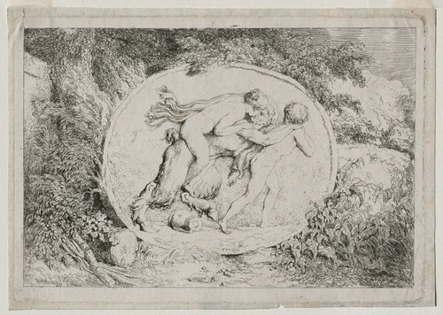 Bacchanales: Nymph Astride a Satyr by Jean Honoré Fragonard, print, 1763