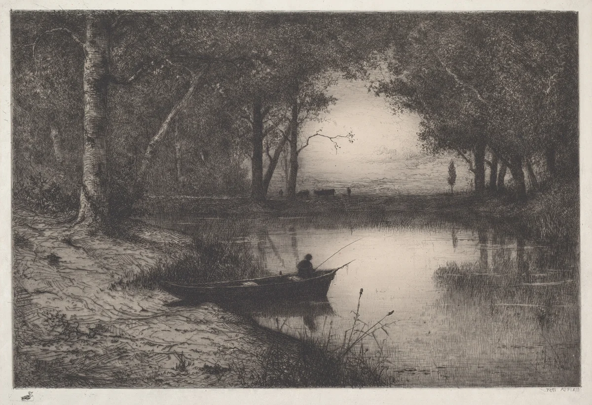 Pêcheur en Canot, au bord d'une Rivière (Fisherman in a Boat) by Adolphe Appian, print, 1887