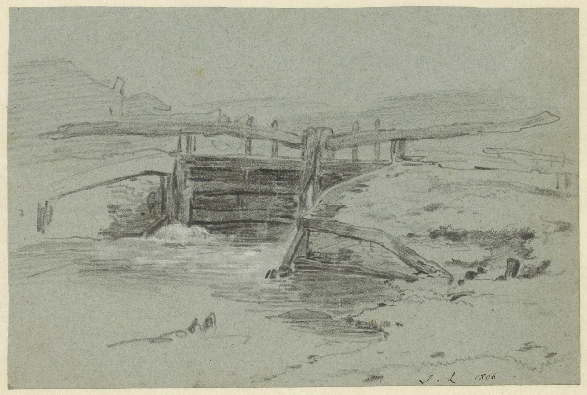 Sluis in een landschap by John Linnell, drawing, 1806
