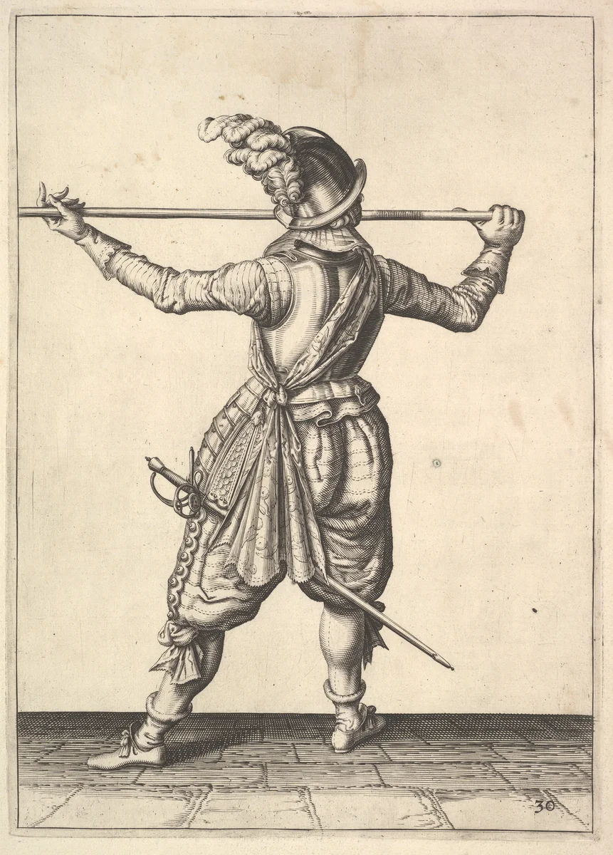 A soldier, seen from the rear, while turning to the right and holding his pike horizontally, from the Lansquenets series, plate 30, in "Wapenhandelinghe van Roers Musquetten Ende Spiessen" (The Exercise of Arms) by Jacques de Gheyn II, print, 1575-1629