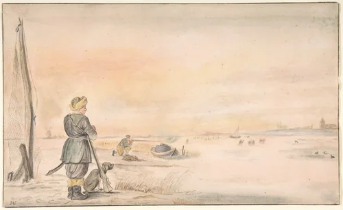Winter Landscape with a Hunter and his Dog by Hendrick Avercamp, drawing, 1600-1699