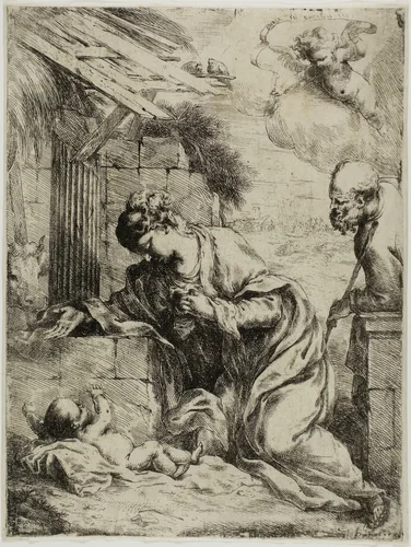 The Virgin Adoring the Infant Jesus by Bartolomeo Biscaino, print, 1655