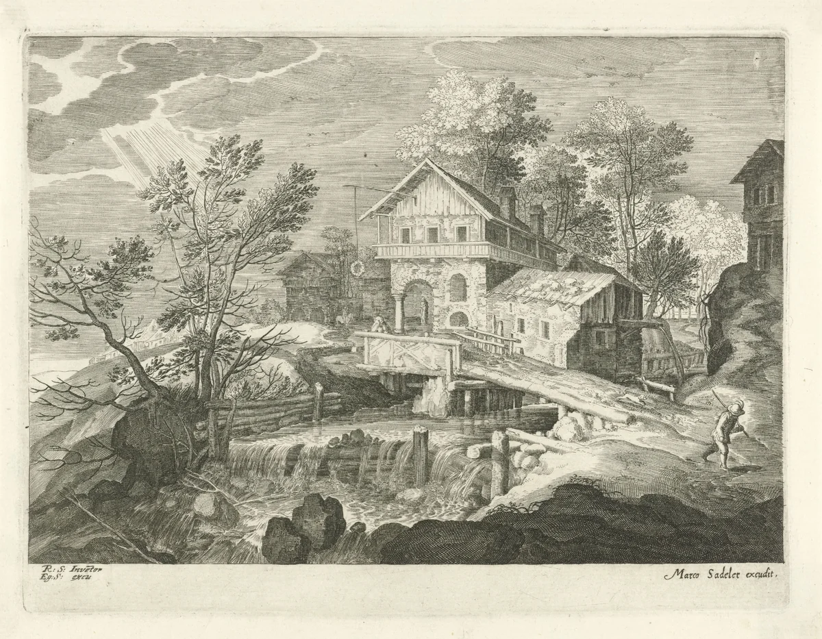 Herberg en enkele huizen bij een brug by Aegidius Sadeler, print, 1580-1629
