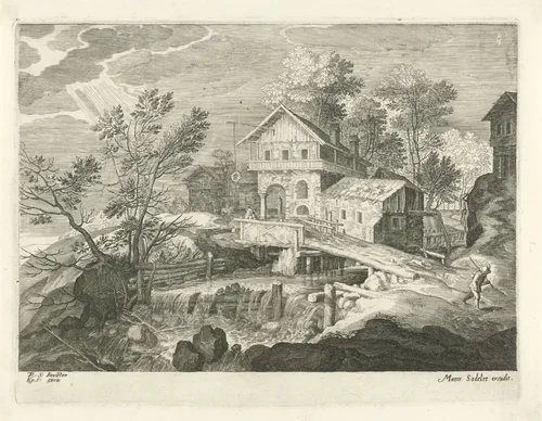 Herberg en enkele huizen bij een brug by Aegidius Sadeler, print, 1580-1629