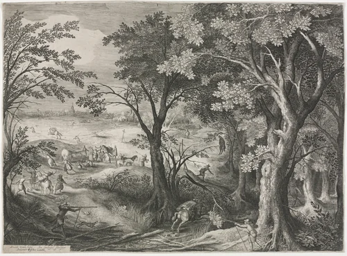 Landscape with Travelers Attacked by a Gang of Robbers by Jan van Londerseel, print, 1602