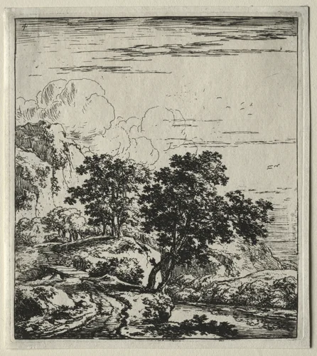 Le sentier au bord de la rivière et le petit pont du bois by Herman Naiwincx, print, 1640-1651
