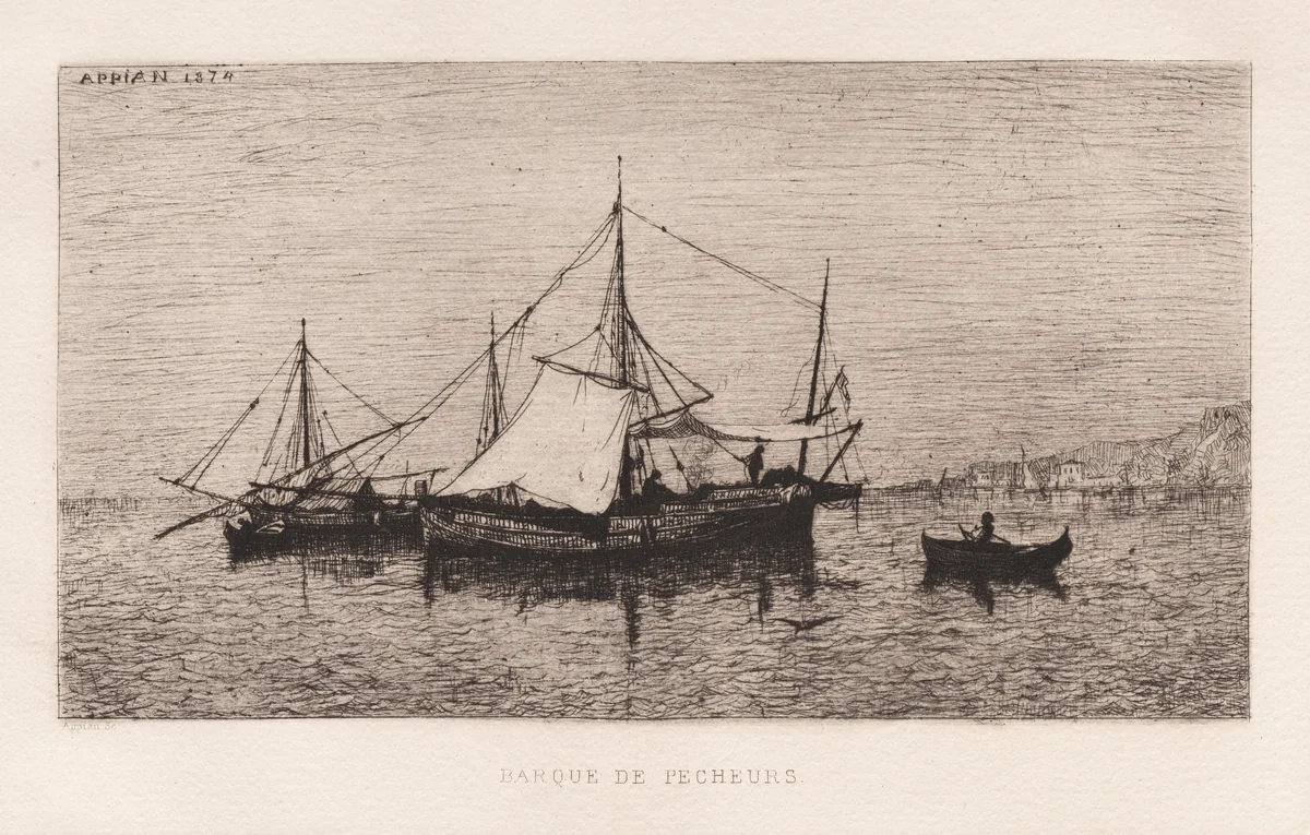 Fishing Boat/Coastal Shipping Boat (Italian Coast) (Barque de Pecheurs/Barque de Cabotage (Côtes d'Italie) by Adolphe Appian, print, 1874
