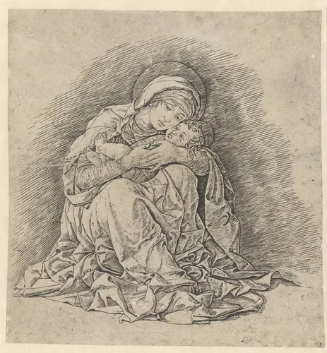 Zittende Maria met kind by Andrea Mantegna, print, 1465-1475