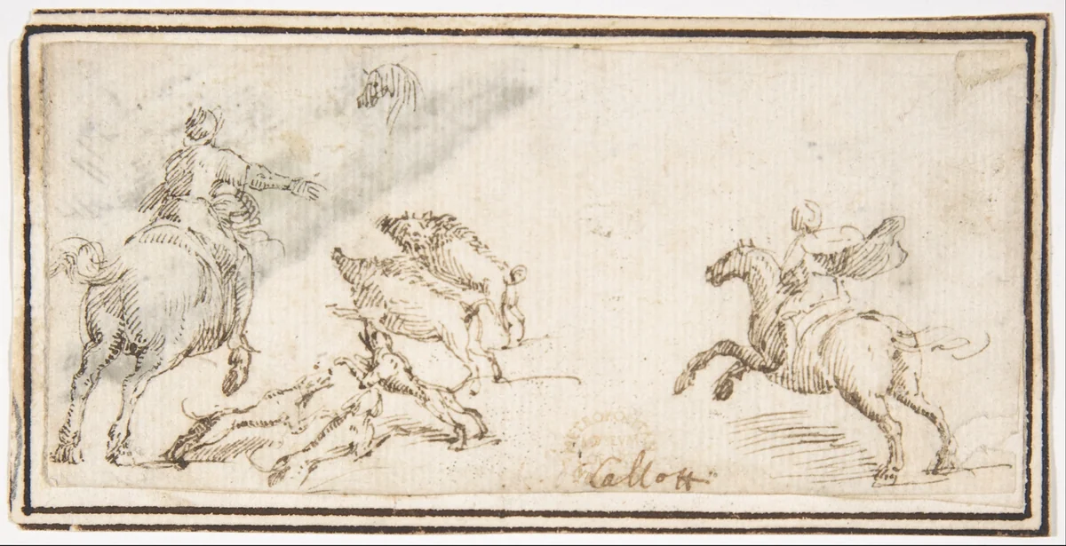 Boar Hunt by Francesco Allegrini, drawing, 1624-1663