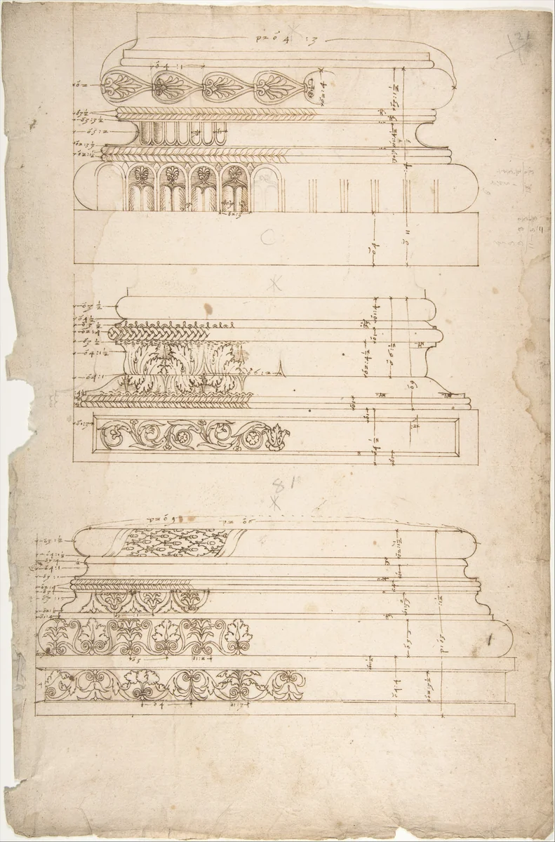 Unidentified, Composite base, elevation; Unidentified, Composite base, elevation; Unidentified, Composite base, elevation (recto) blank (verso) by anonymous, drawing, 1500-1560