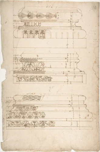 Unidentified, Composite base, elevation; Unidentified, Composite base, elevation; Unidentified, Composite base, elevation (recto) blank (verso) by anonymous, drawing, 1500-1560