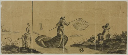 Chinoiserie with Man Fishing from Boat, Woman and Child Standing on Shore by Claude Joseph Vernet, drawing, 1700-1799