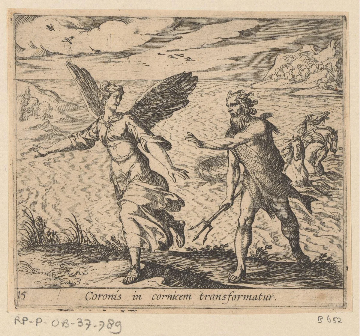 Coronis in een kraai veranderd by Antonio Tempesta, print, 1606