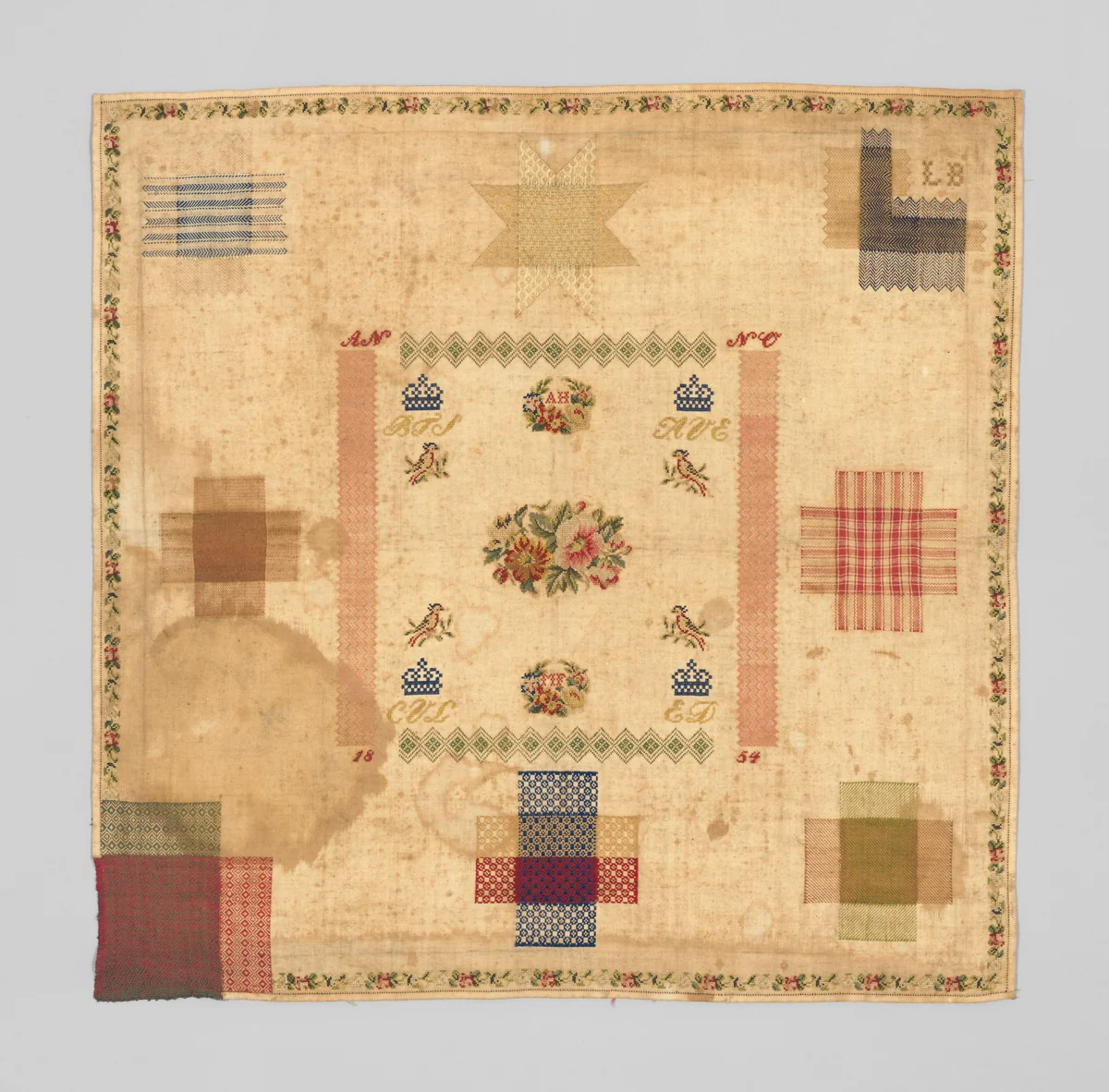 Embroidered darning sampler by Werk- en Leerschool, textile, 1854