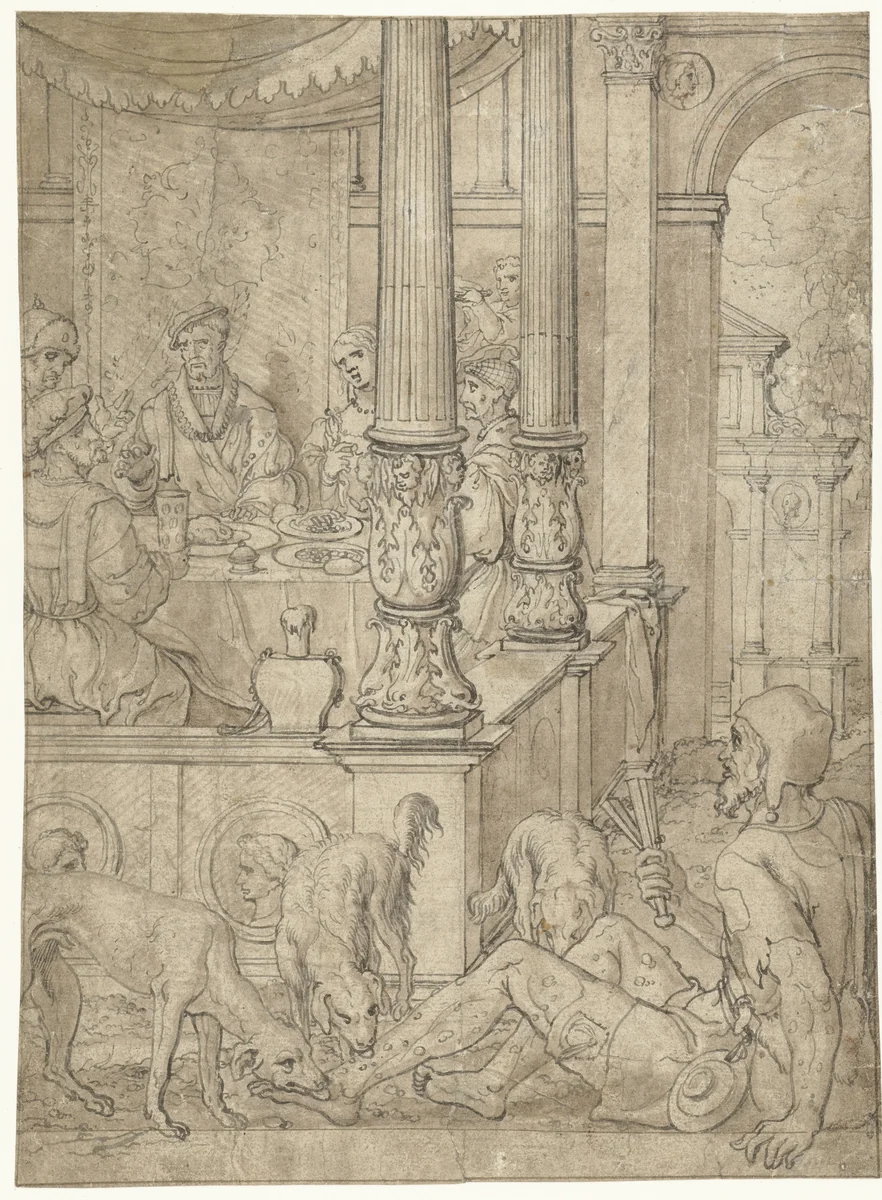 Rijke man en Lazarus by Jan Swart, drawing, 1523-1533