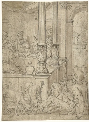 Rijke man en Lazarus by Jan Swart, drawing, 1523-1533