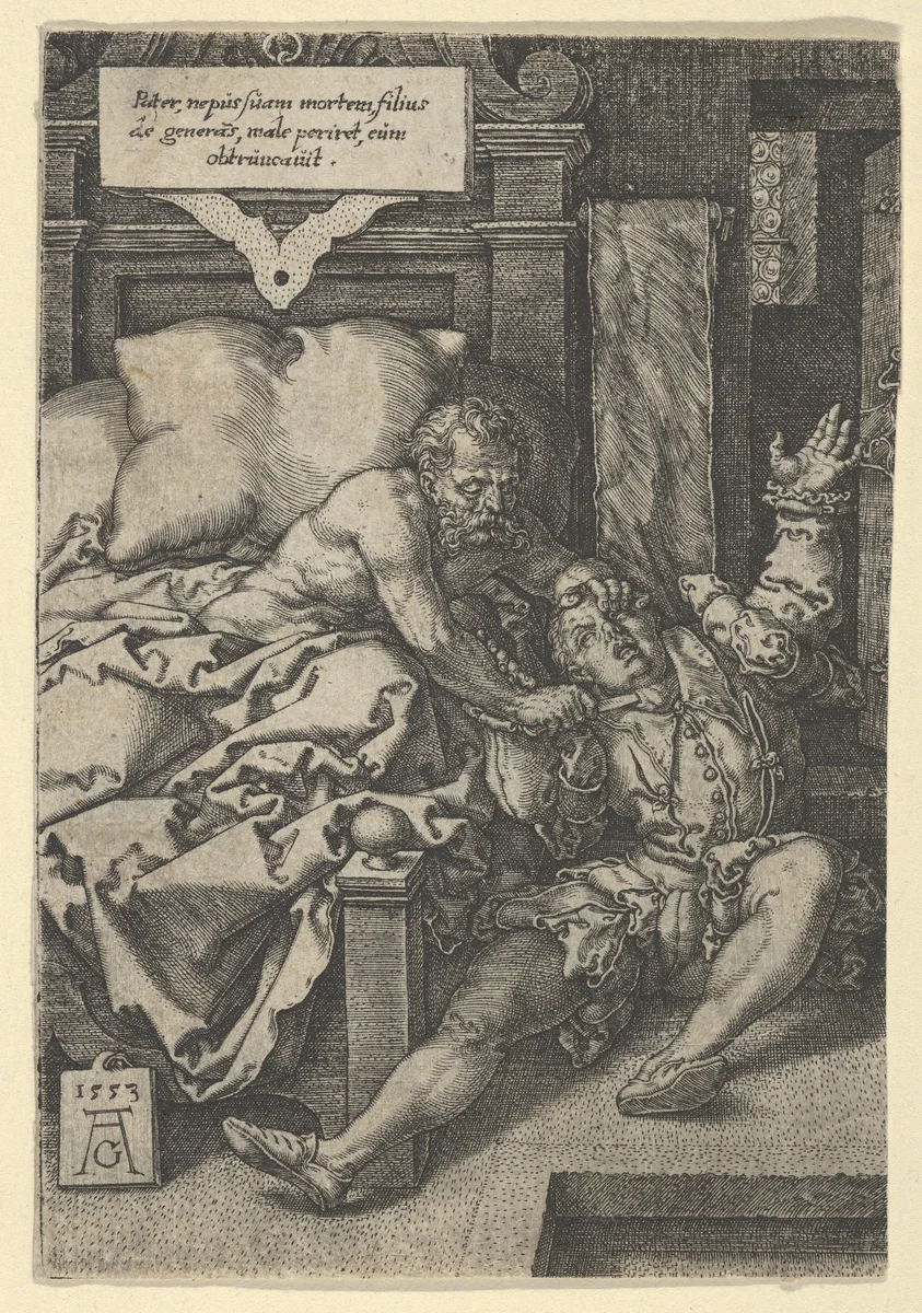 Judge Herkinbald (Archambauld) Stabbing His Nephew by Heinrich Aldegrever, print, 1553