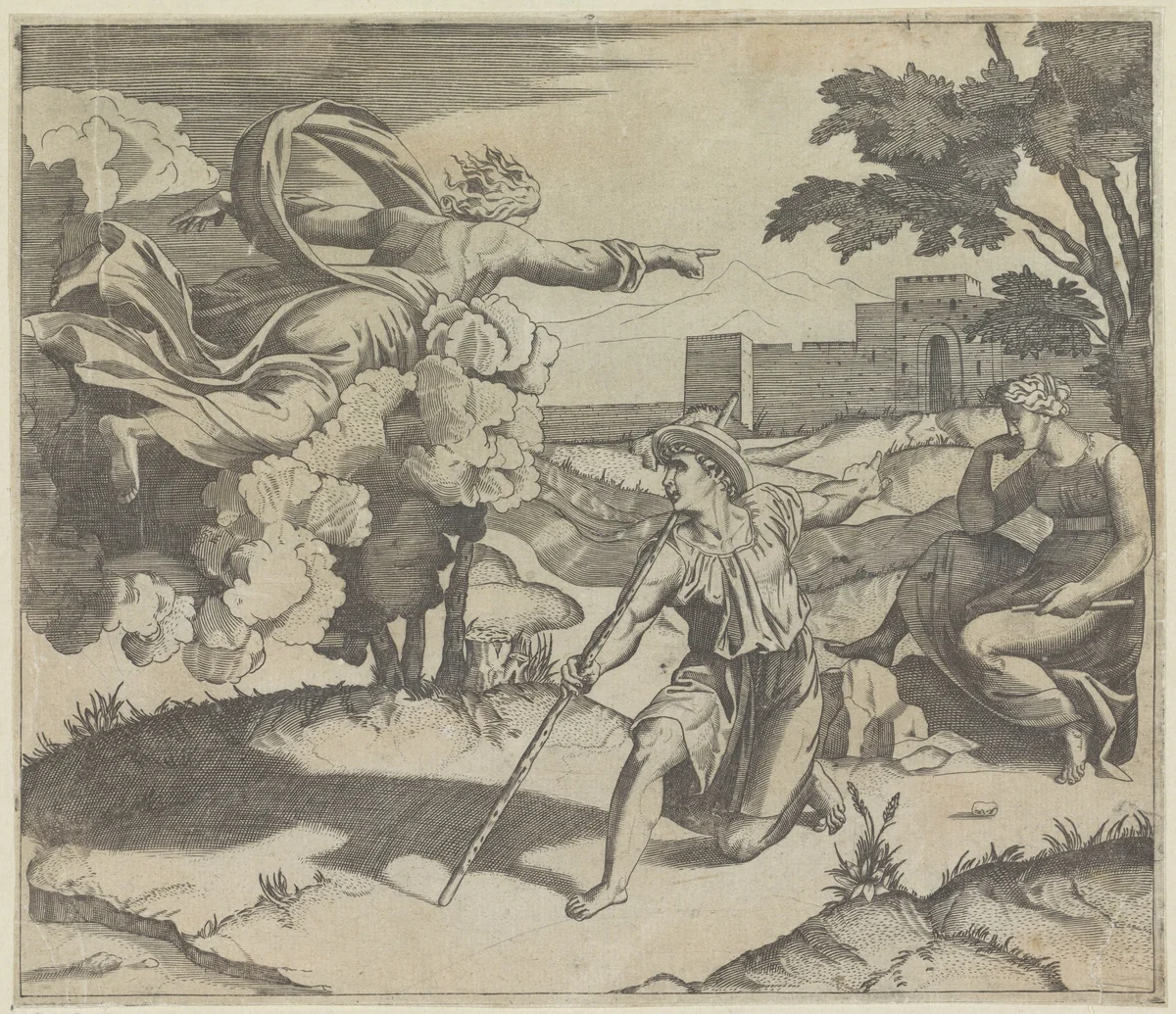 God verschijnt aan Isaak by anonymous, print, 1498-1532