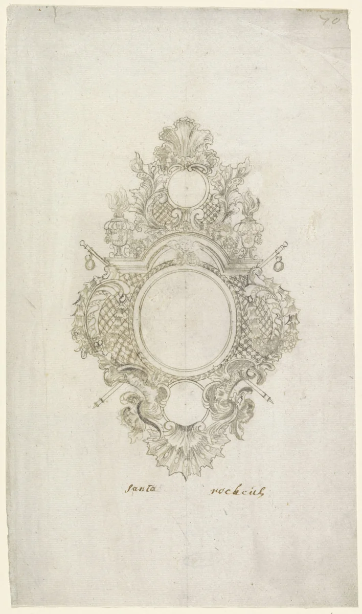 Medaillon met vazen en pelgrimsstaven by anonymous, drawing, 1725-1750