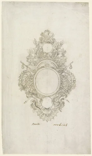 Medaillon met vazen en pelgrimsstaven by anonymous, drawing, 1725-1750