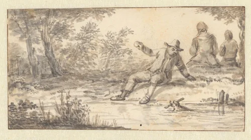 Jongen met hond spelend in het water by Aarnout ter Himpel, drawing, 1644-1686