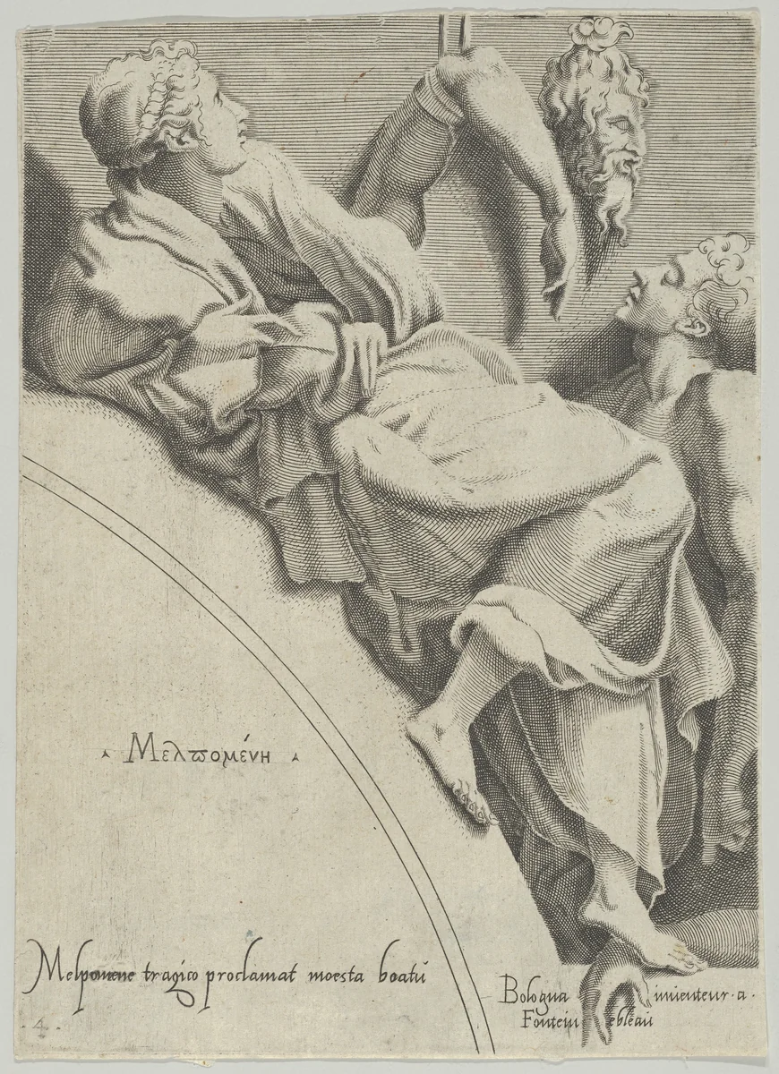 Melpomene, from "The Muses and the Three Goddesses" by anonymous, print, 1535-1550