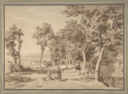 Figures in a Grove above the Bay of Naples by Jakob Wilhelm Huber, drawing, 1820