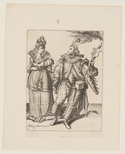 A Woman Led by a Player Holding a Torch, from The Masquerades by Jacques de Gheyn II, print, 1595-1596