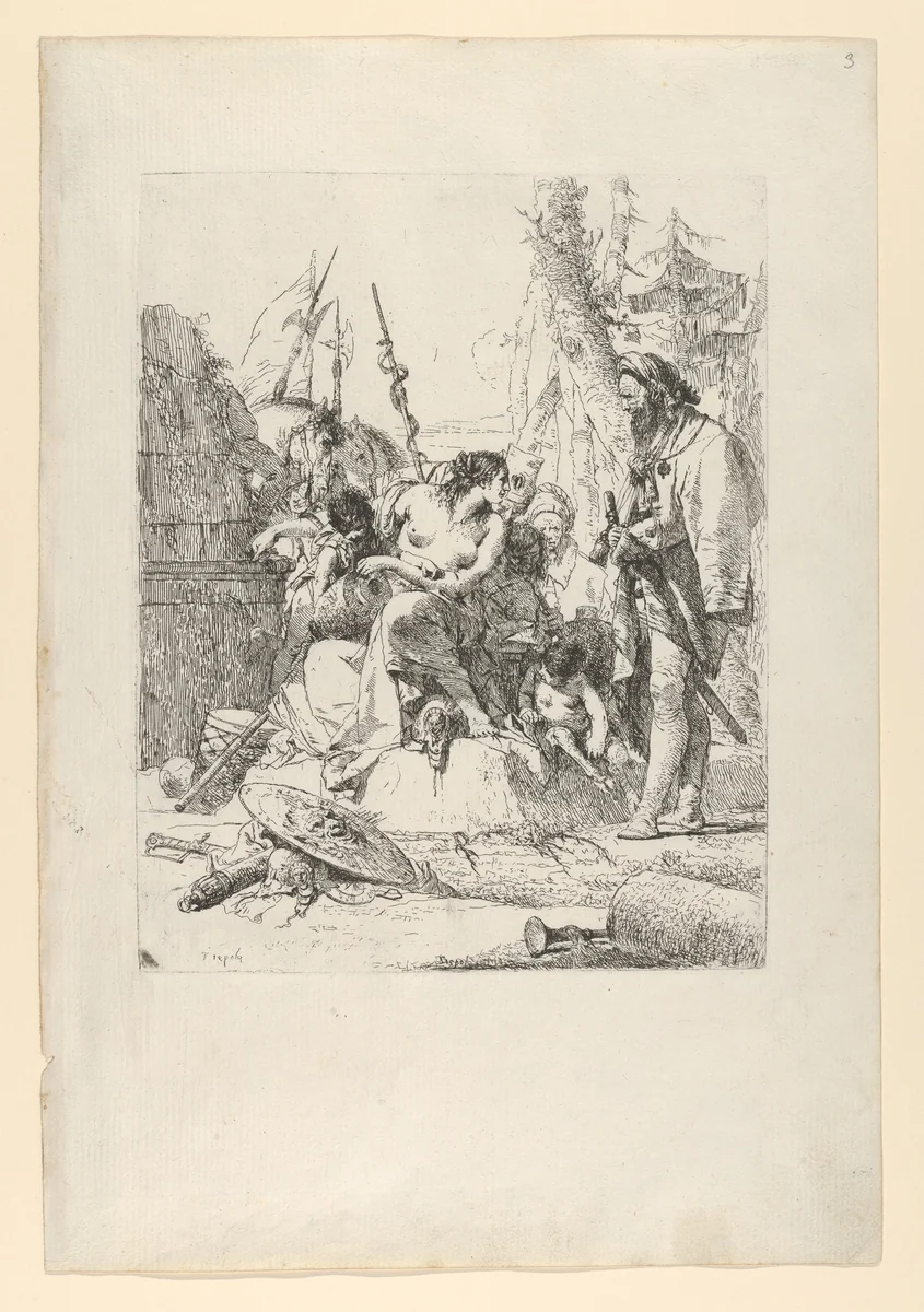 Half-dressed Nymph with two children, surrounded by four men, from the Scherzi by Giovanni Battista Tiepolo, print, 1738-1755